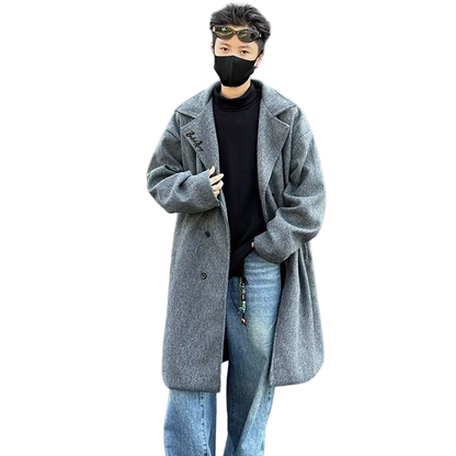 Mato chizig'i kichik odamlar koreyscha bir ko'krakli uzun bo'sh qulay katta cho'ntaklar kostyum yoqasi issiq Britaniya uslubidagi jun tvid palto katta ma'noda trench palto tasodifiy ko'p qirrali ochiladigan yelkali uzun yengli