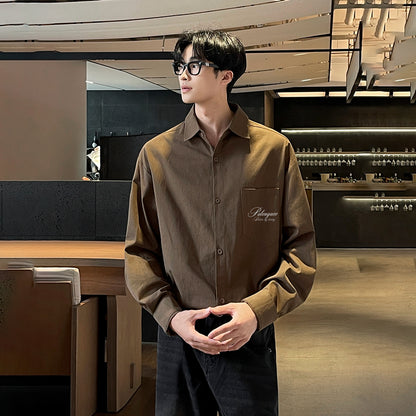 Pal ongaco pal ongaco Amerika retro qo'lyozma harflar logotipi bosma tasodifiy bo'sh uzun yengli ko'ylaklar lapel ko'ylagi bahor va kuz modellari chiroyli ko'p qirrali oddiy paxta ishchi ko'ylagi bir xil modeldagi erkaklar va ayollar