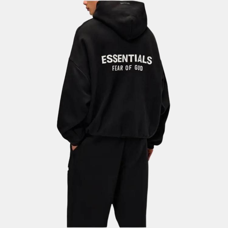 Fear of god essentials fw24 holiday core hooded pullover simple padded comfort letter sweatshirt men's meteorite black