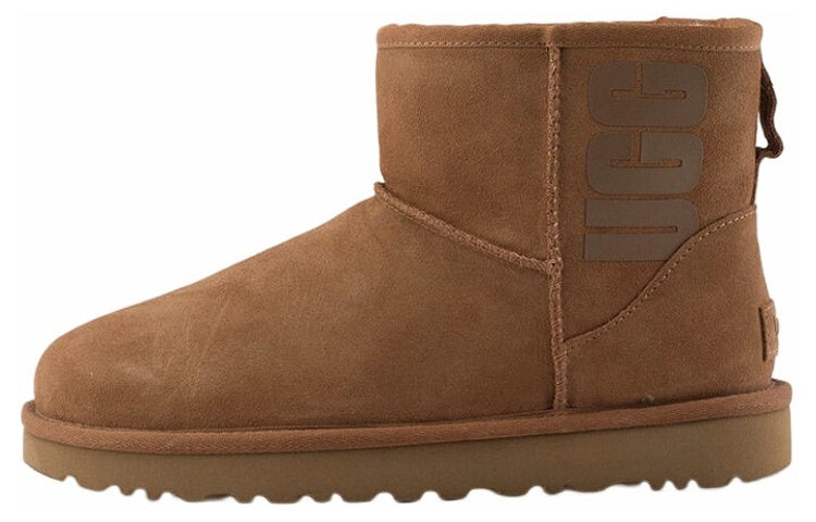 Ugg classic mini rubber logo замшевые теплые износостойкие нескользящие мягкие короткие сапоги для снега женские chestnut brown