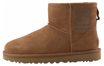 Ugg classic mini rubber logo замшевые теплые износостойкие нескользящие мягкие короткие сапоги для снега женские chestnut brown