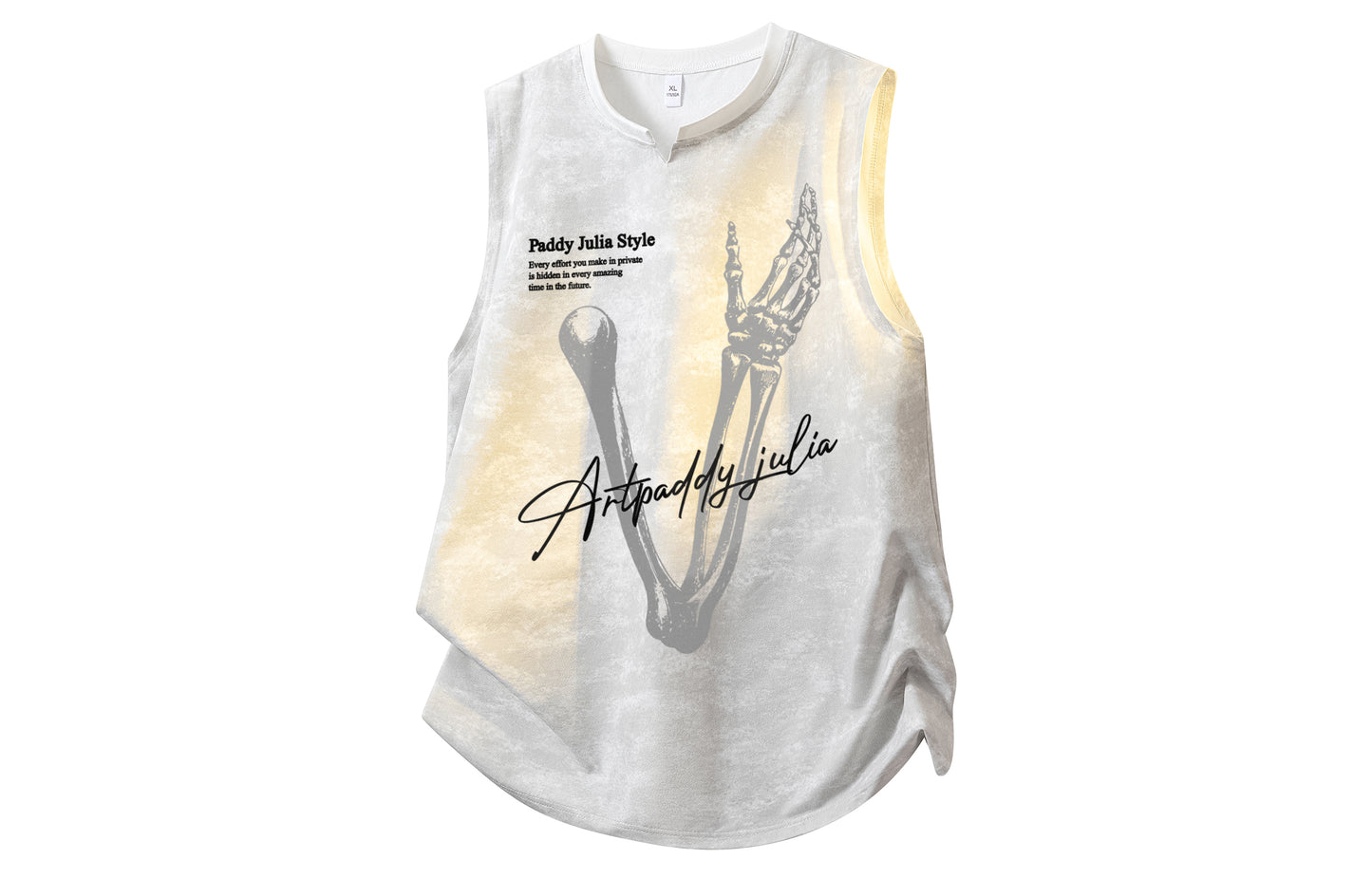 Paddy Julia Amerika oddiy oddiy ko'p qirrali tendentsiya yumaloq bo'yinli suyak harfli bosma logotip tetiklantiruvchi nafas oladigan yengsiz yelek modellari bilan erkaklar va ayollar