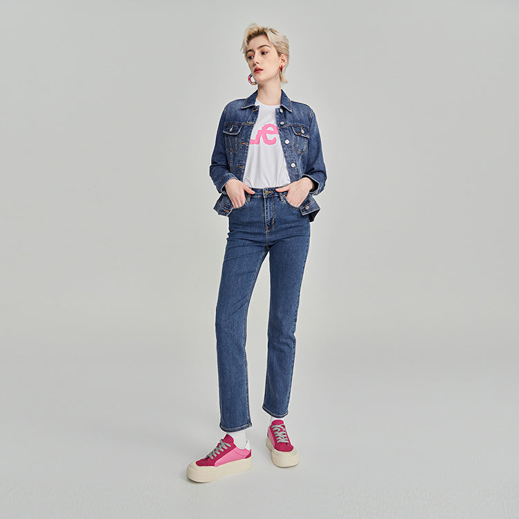 Li vintage lapel bir koʻkrakli uzun yengli qulay jinsi kurtkasi oʻrta koʻk