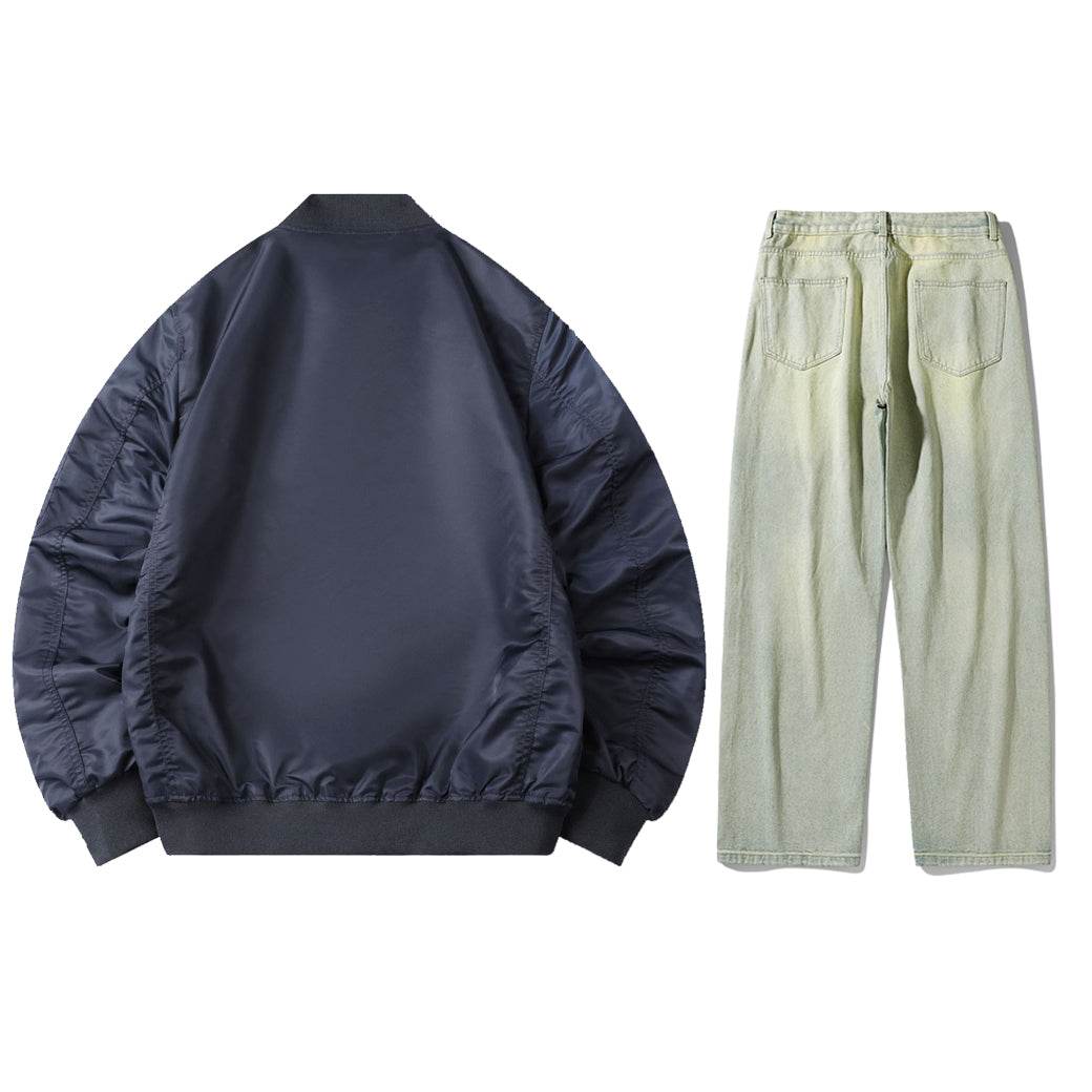 Антиофис гонконг стиль куртка с свободными широкими ногами джинсы повседневная работа поездка костюм городской новый молодежный простой и удобный с хорошим набором одежды осень и зима мужские модели - Boxette Shop