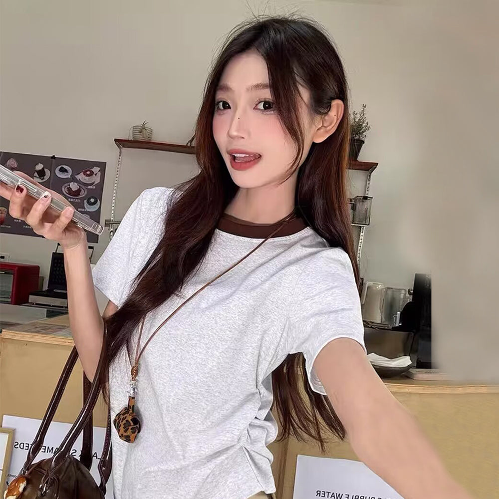 Pal ongaco pal ongaco Amerika ins trend to'qnashuvi qovurg'ali yoqa cho'zilgan bel nozik nozik shirin chili qisqa ekipaj bo'yinli qisqa yengli futbolka ayollar