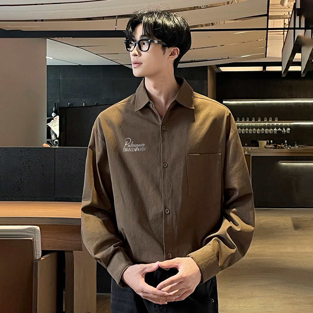 Pal ongaco pal ongaco Amerika retro yuqori ko'cha oddiy harflar logotipi bosma bir rangli trend bo'sh universal dangasa tuyg'u qulay paxta uzun yengli ko'ylak erkaklar va ayollar modellari bilan