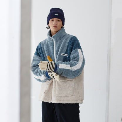 Golfkross ish kiyimi cho'ntaklari bir-biriga bog'langan to'qnashuv rangli qo'zichoq juni harflari yorlig'i qalinlashgan yoqa bo'sh paxta ko'ylagi bir xil narsali erkaklar va ayollar