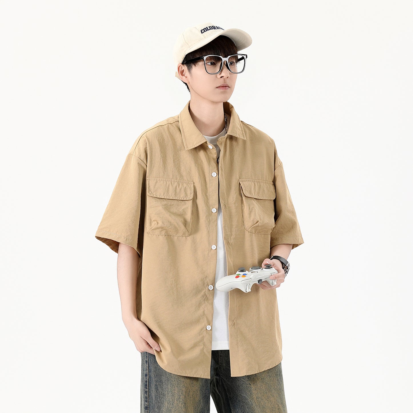 Igoi Amerika yuqori ko'chada qulay moda ish kiyimi nozik kesilgan tasodifiy ko'p qirrali tekis rangli oddiy bo'sh lapel qisqa yengli ko'ylaklar erkaklar va ayollar bir xil